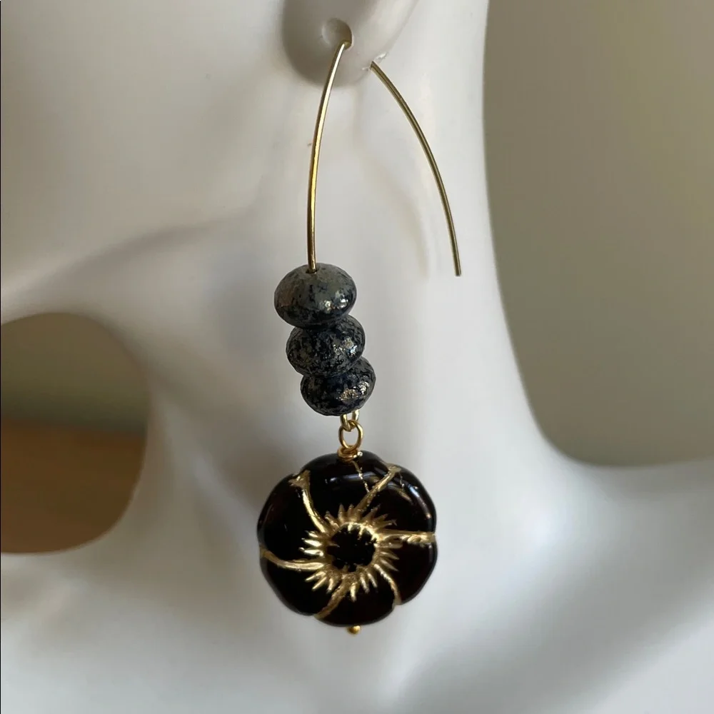 HAND CRAFTED BLACK & GOLD FLOWER CZECH GLASS EARRINGS Abstract Dangles